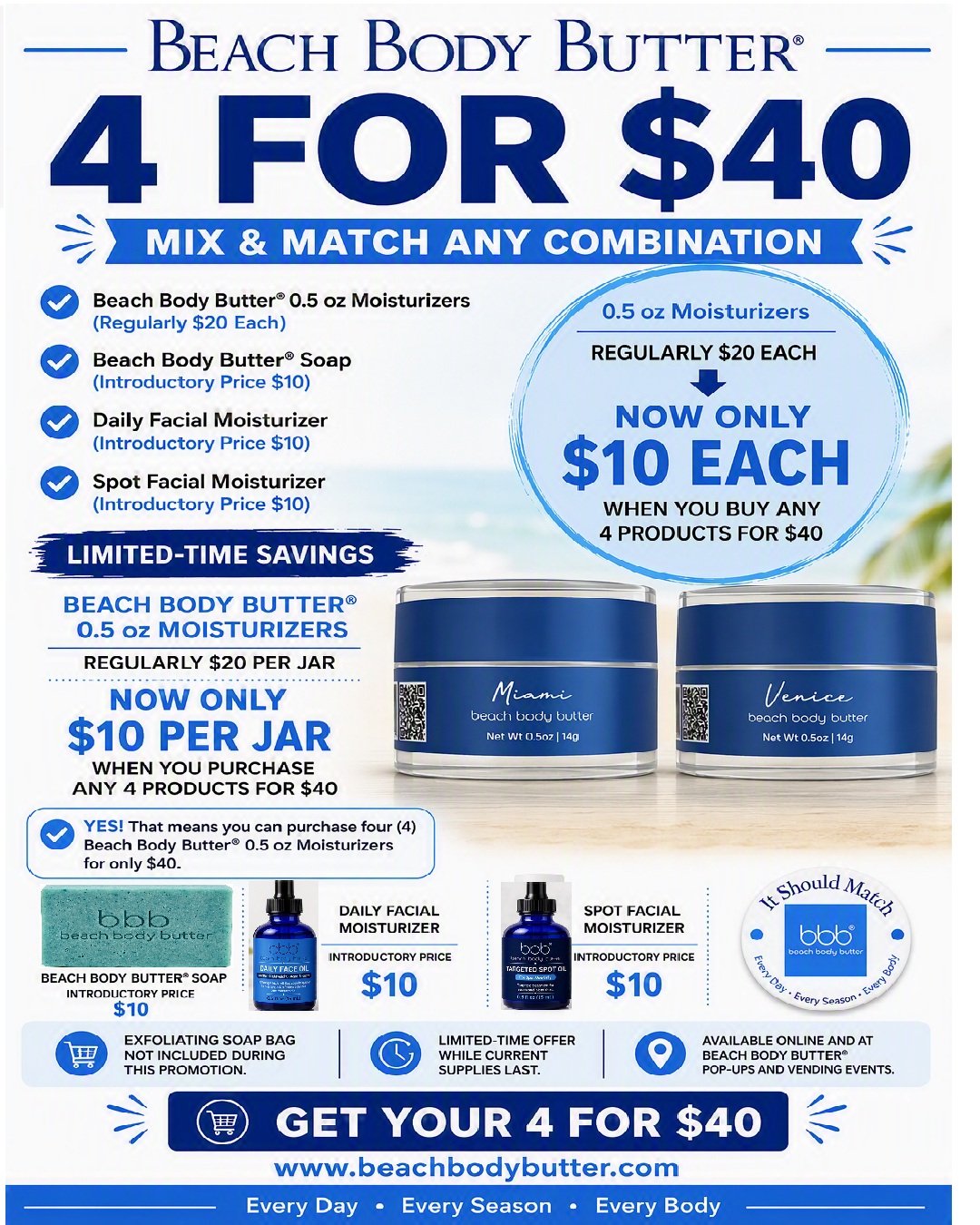 Promotional graphic for Beach Body Butter® featuring a “4 for $40” mix-and-match sale. Customers can choose any combination of Beach Body Butter® 0.5 oz moisturizers, Beach Body Butter® soap, Daily Facial Moisturizer, and Spot Facial Moisturizer. The graphic highlights that 0.5 oz moisturizers are regularly $20 each but are only $10 each when any four qualifying products are purchased for $40. Product images include blue moisturizer jars, facial moisturizer bottles, and a Beach Body Butter® soap bar. A call-to-action button reads “Get Your 4 for $40” above the website www.beachbodybutter.com. The design uses shades of blue with a beach-inspired background.